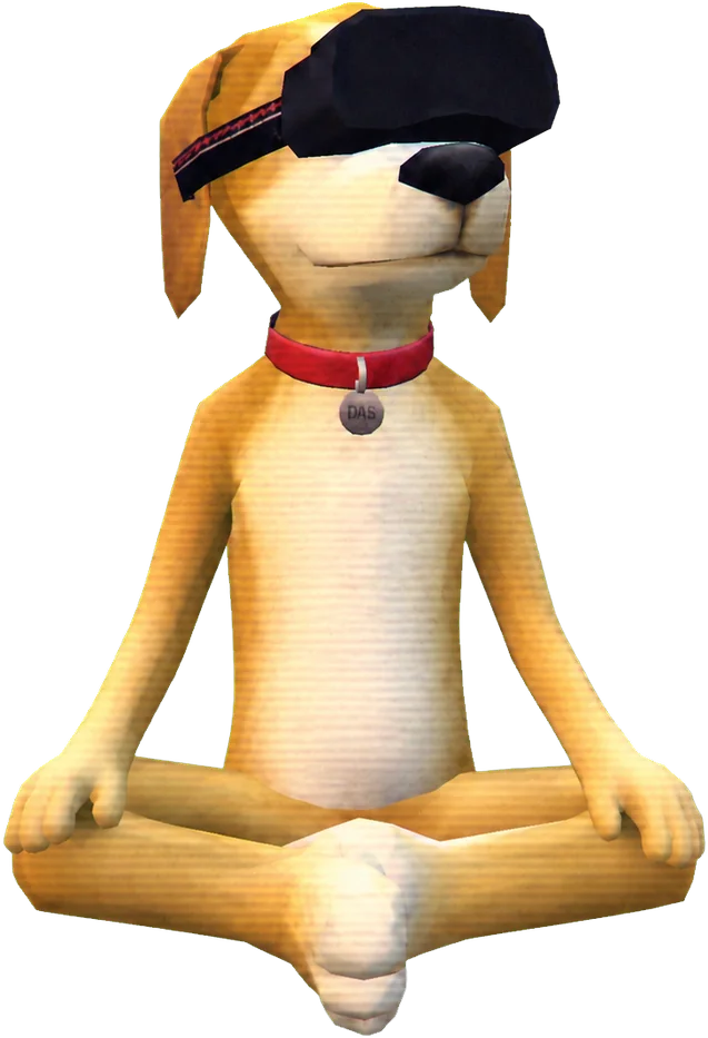 the dog sitting in a VR headset